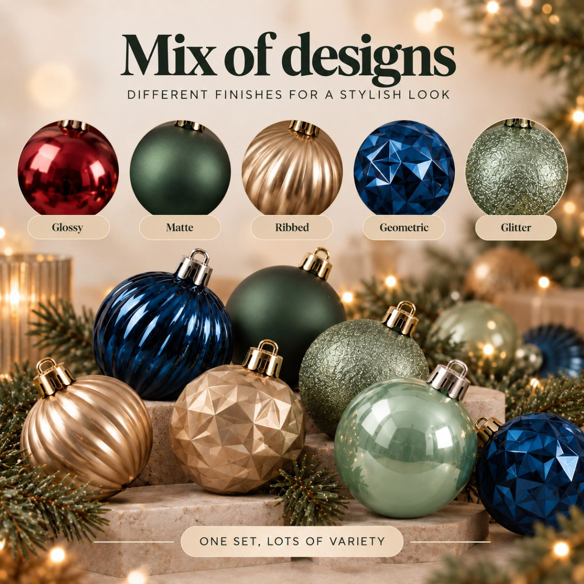 Various Christmas ornaments showing glossy, matte, ribbed, geometric, and glitter finishes.