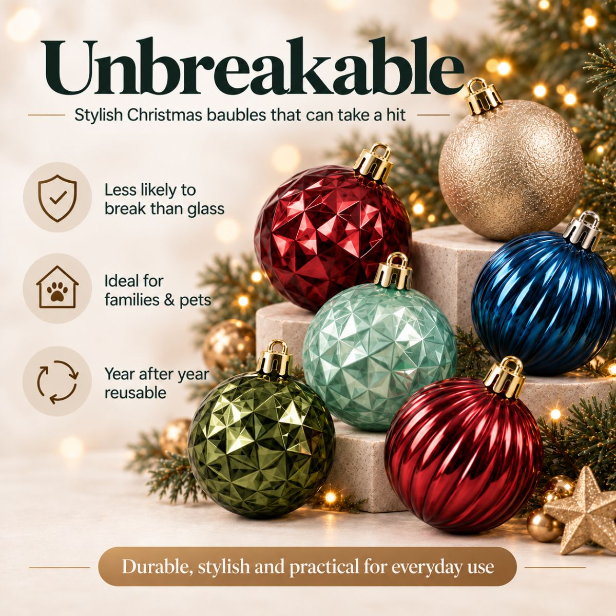 Colorful, unbreakable Christmas baubles in various colors and textures displayed in front of a decorated tree.