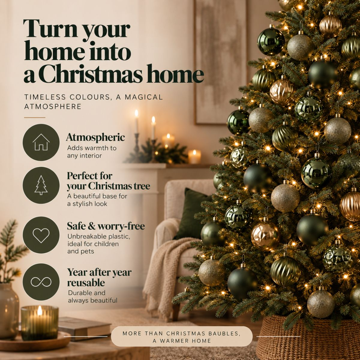 A decorated Christmas tree with green and gold baubles, lights, and text on the left promoting a cozy holiday home.