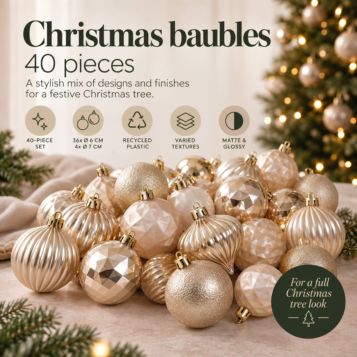 A set of 40 gold and beige Christmas baubles in various textures.