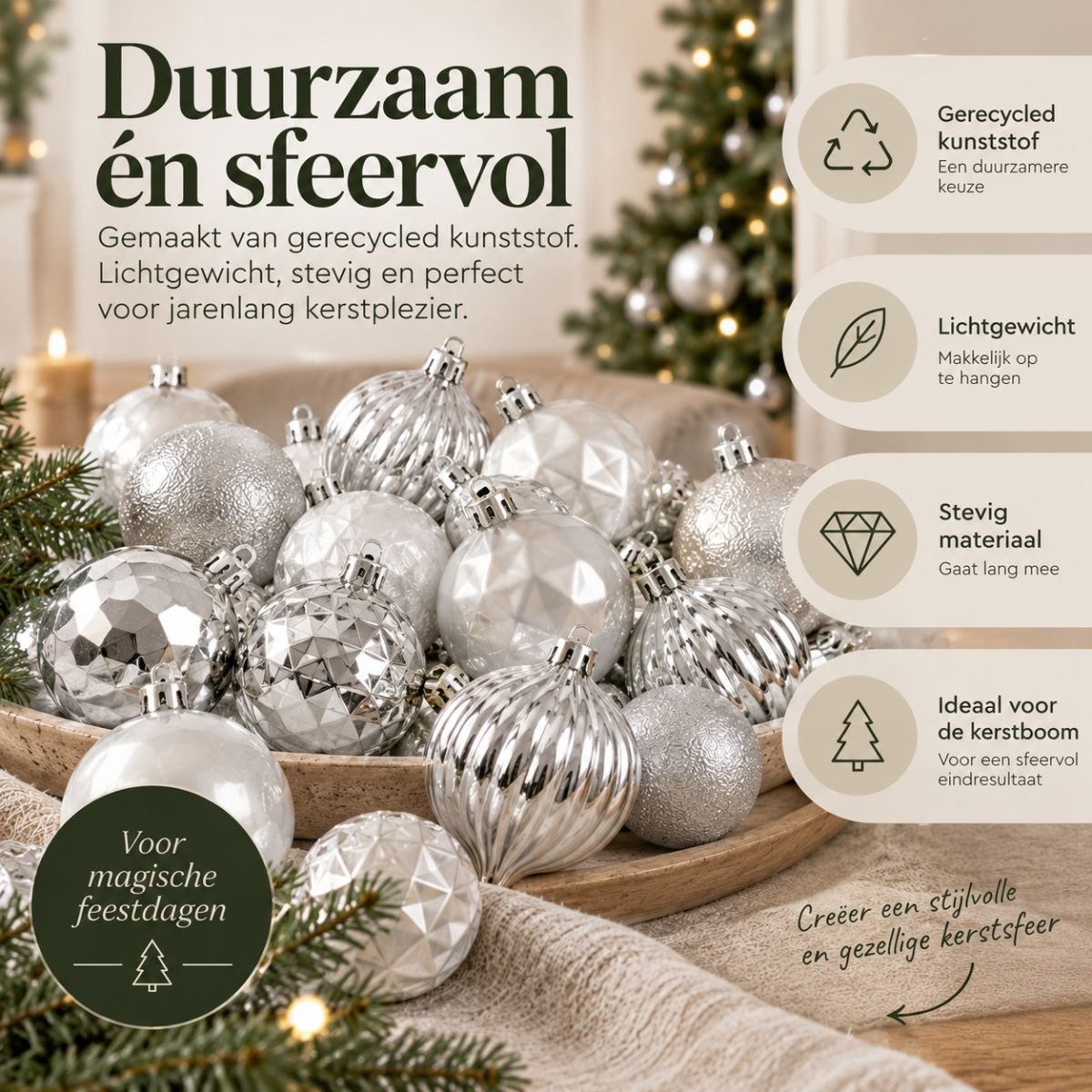 A wooden bowl filled with silver Christmas ornaments with text and icons on a white background.