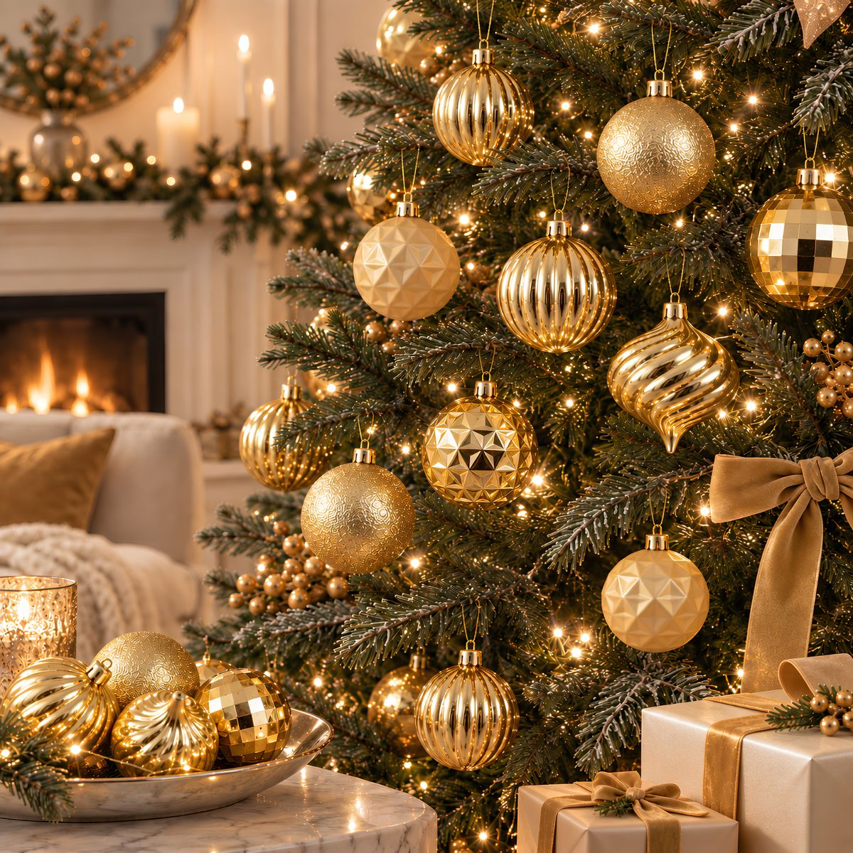 A Christmas tree decorated with gold baubles, lights, and gifts nearby, with a fireplace in the background.