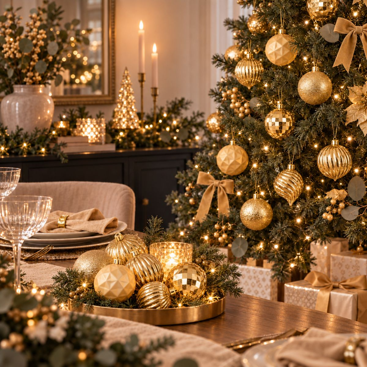 Elegant dining room with a Christmas tree decorated with gold baubles and a set table.