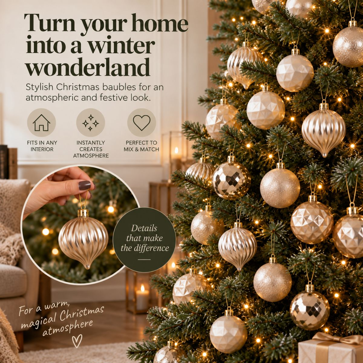 A Christmas tree with gold ornaments and a hand holding a hanging bauble.