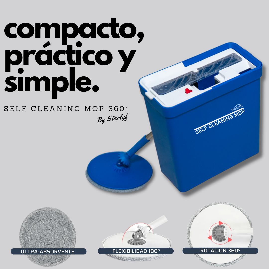 Un set di scopa e secchio autopulenti blu con testo in spagnolo e dettagli delle funzioni.
