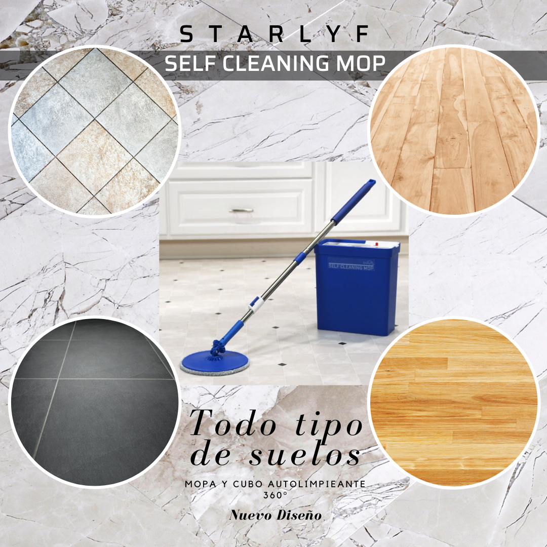 Mocio autopulente Starlyf con secchio blu, mostrato con vari tipi di pavimenti in riquadri circolari.