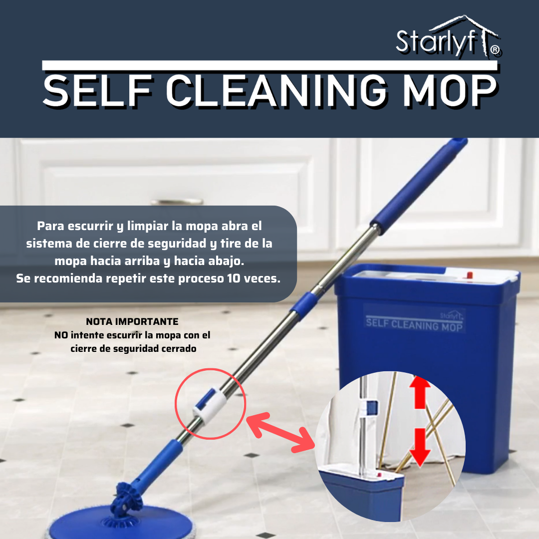 Mocio autopulente Starlyf blu con secchio, blocco del manico e istruzioni su pavimento piastrellato.