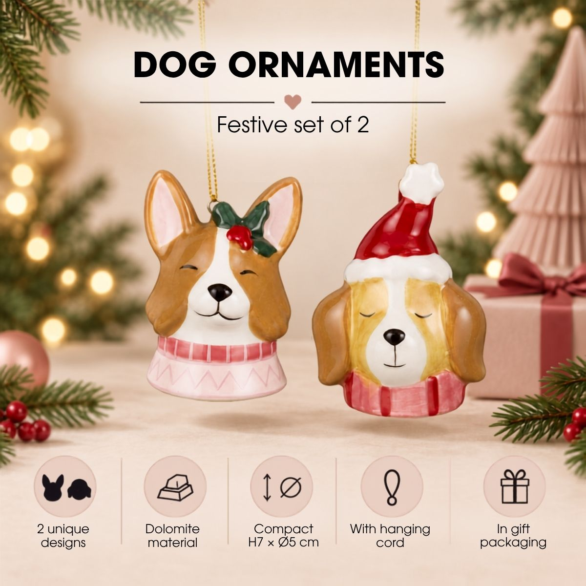 Deux ornements de chien en céramique suspendus dans un décor festif avec du texte.
