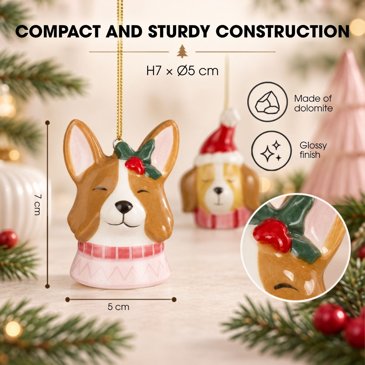 Un ornement de Noël chien Corgi avec dimensions et texte détaillant sa matière en dolomite et sa finition brillante.