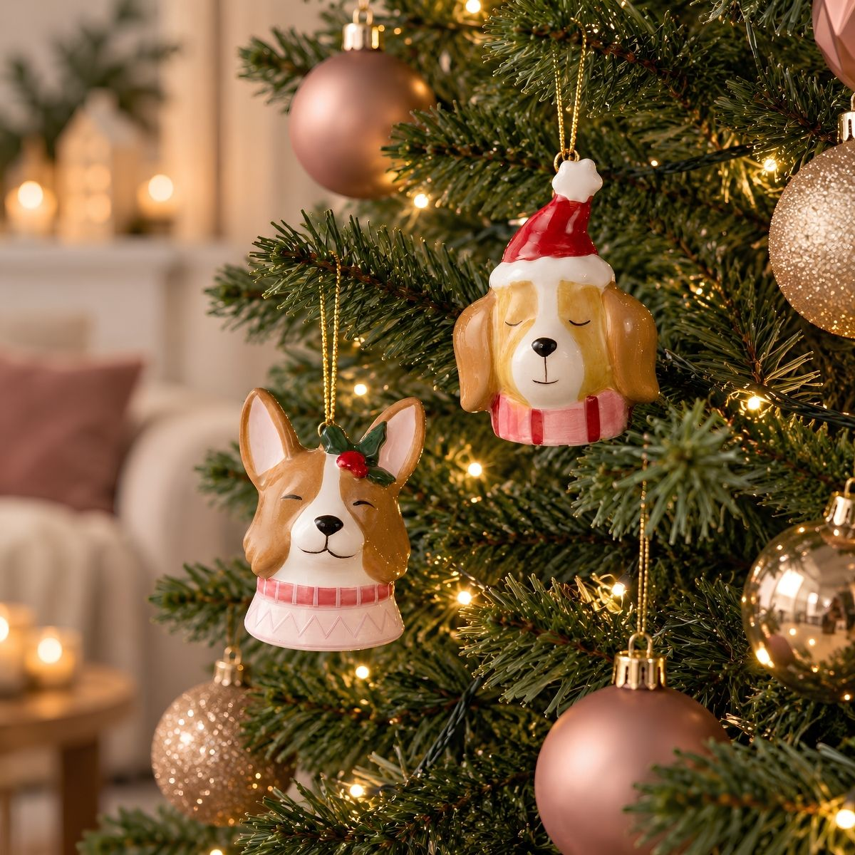 Deux ornements de chien en céramique pendent sur un sapin de Noël illuminé avec des boules roses et dorées.