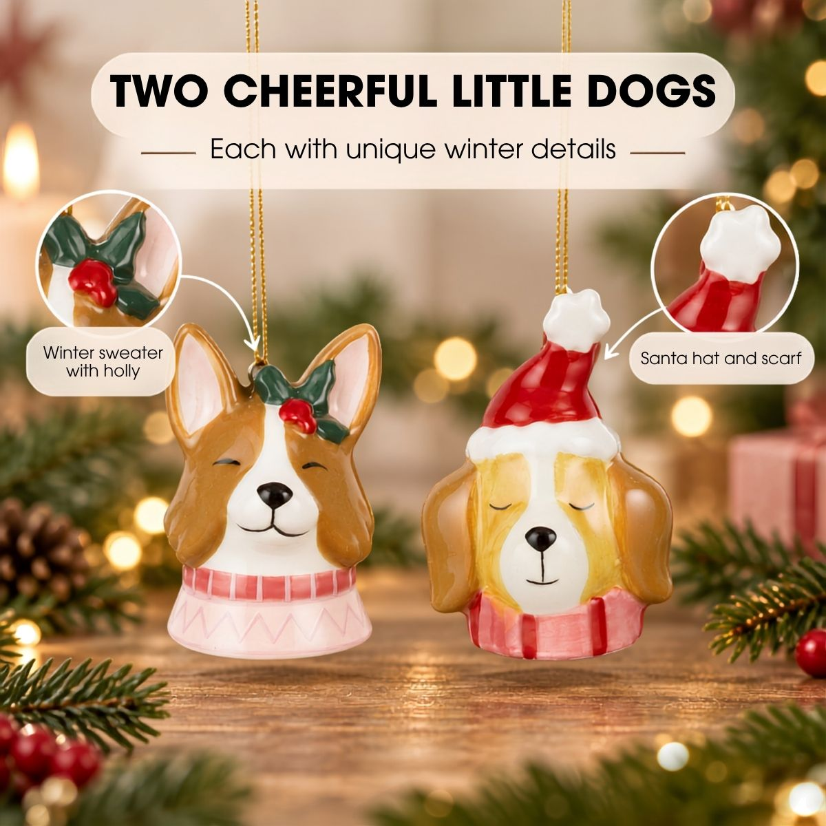 Deux décorations de Noël festives pour chiens avec des pulls en tricot, du houx et un bonnet de Père Noël.