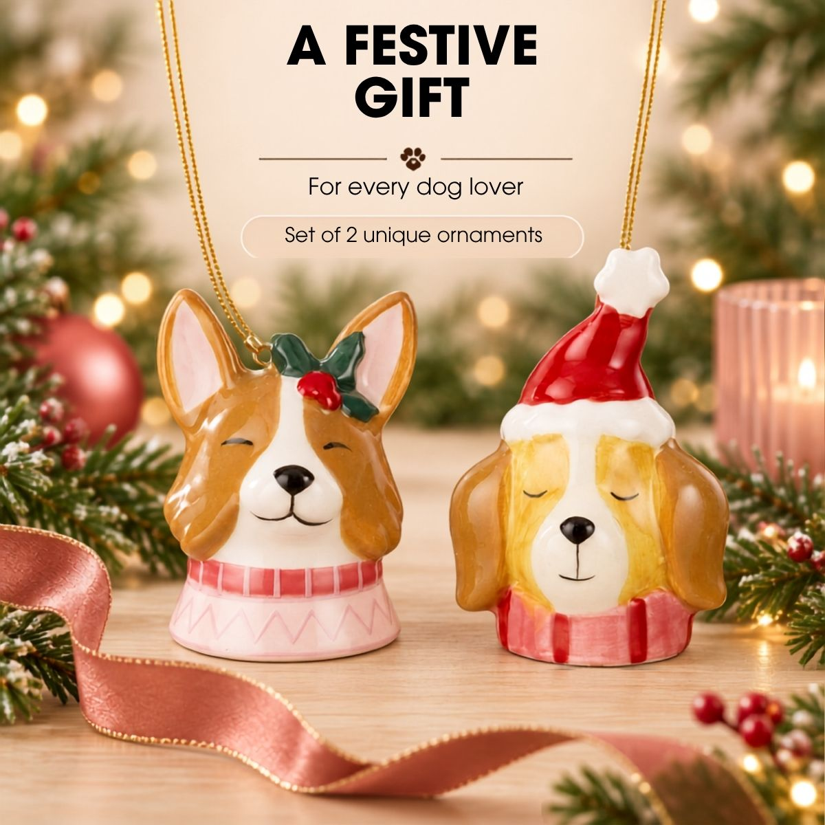 Deux ornements de Noël pour chiens en céramique avec des écharpes roses devant un fond flou.