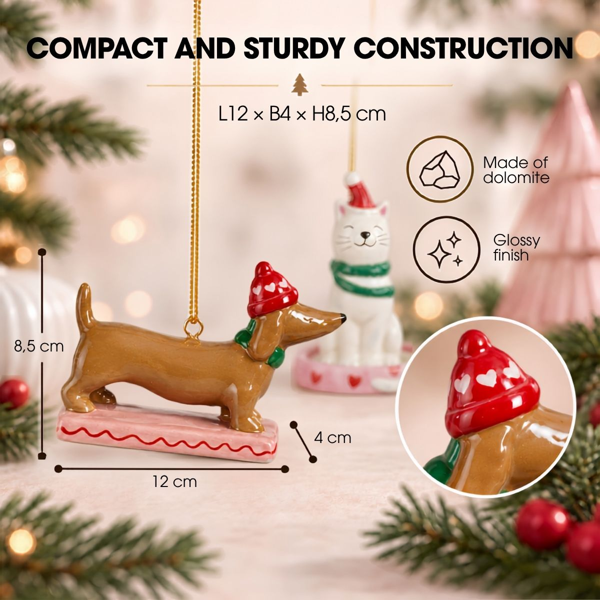 Ornement de Noël teckel en dolomie avec bonnet rouge et dimensions.