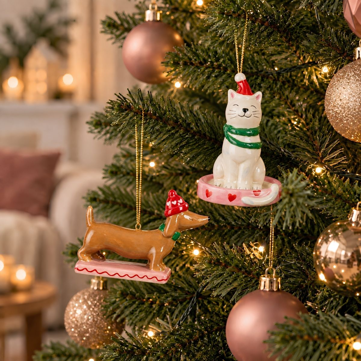 Sapin de Noël avec boules brillantes et ornements en céramique comme un chat et un teckel portant des bonnets de Noël.