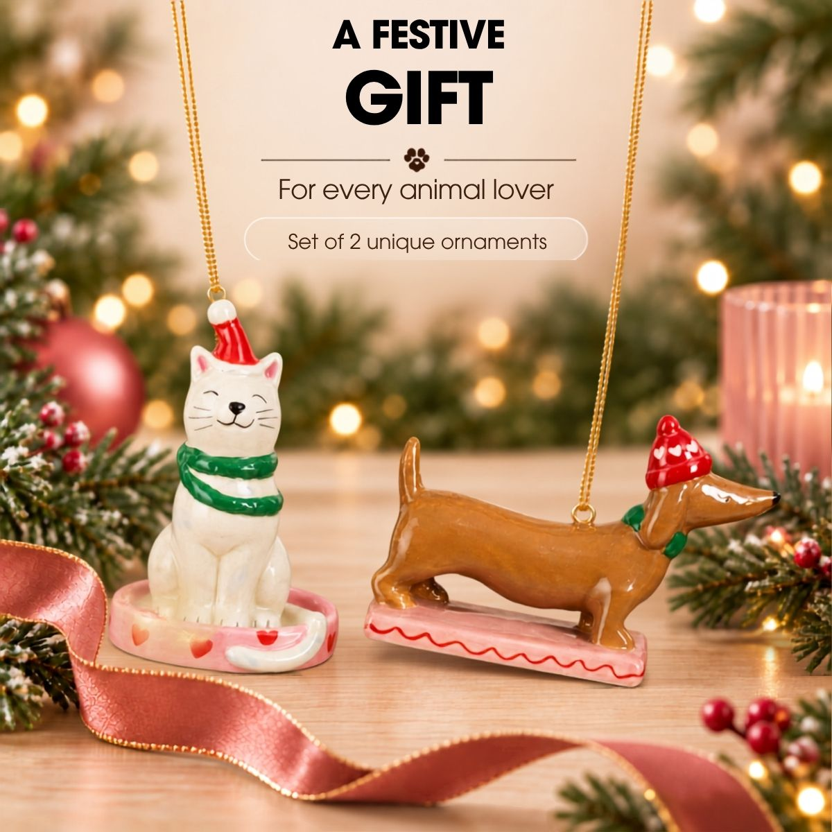 Deux ornements en céramique, un chat et un teckel, portent des bonnets de Noël devant un fond festif.