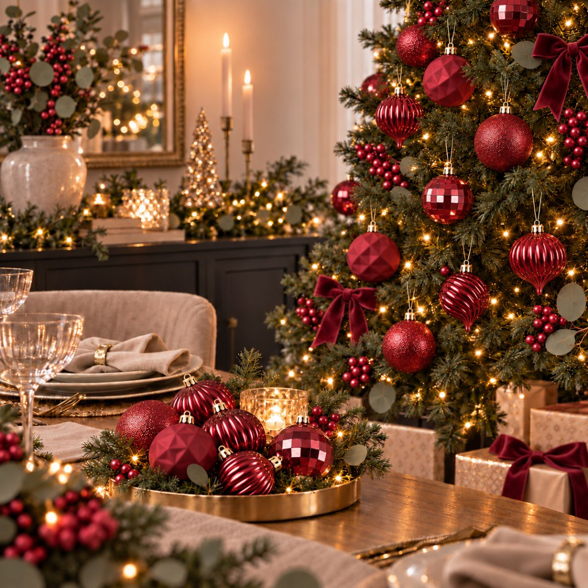 A festive dining table with red Christmas ornaments and glowing lights.