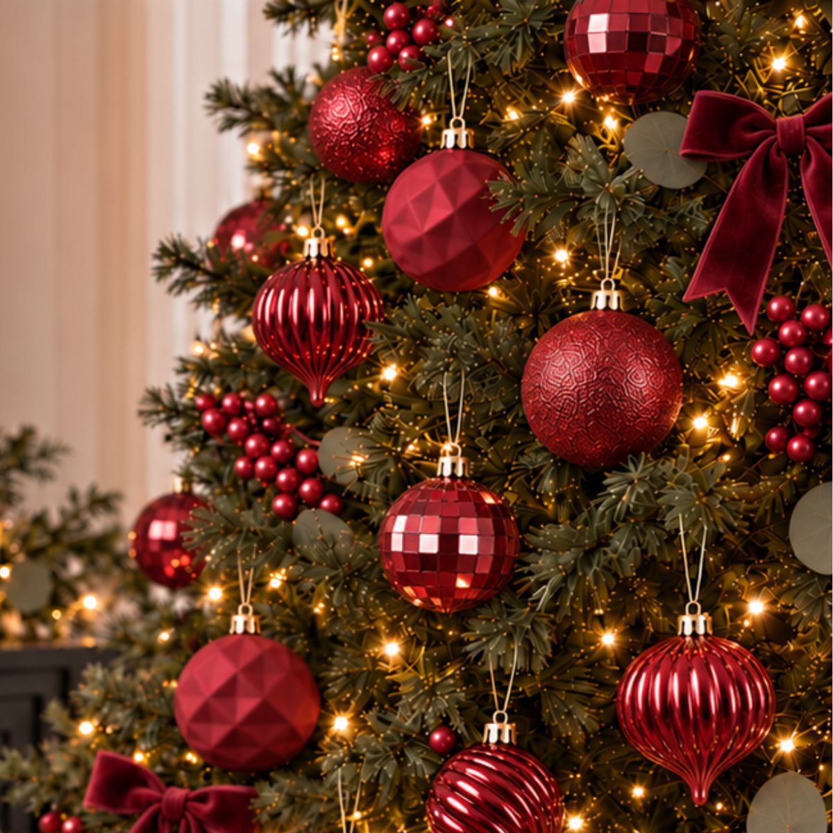 A Christmas tree decorated with red baubles, berries, lights, and velvet bows.