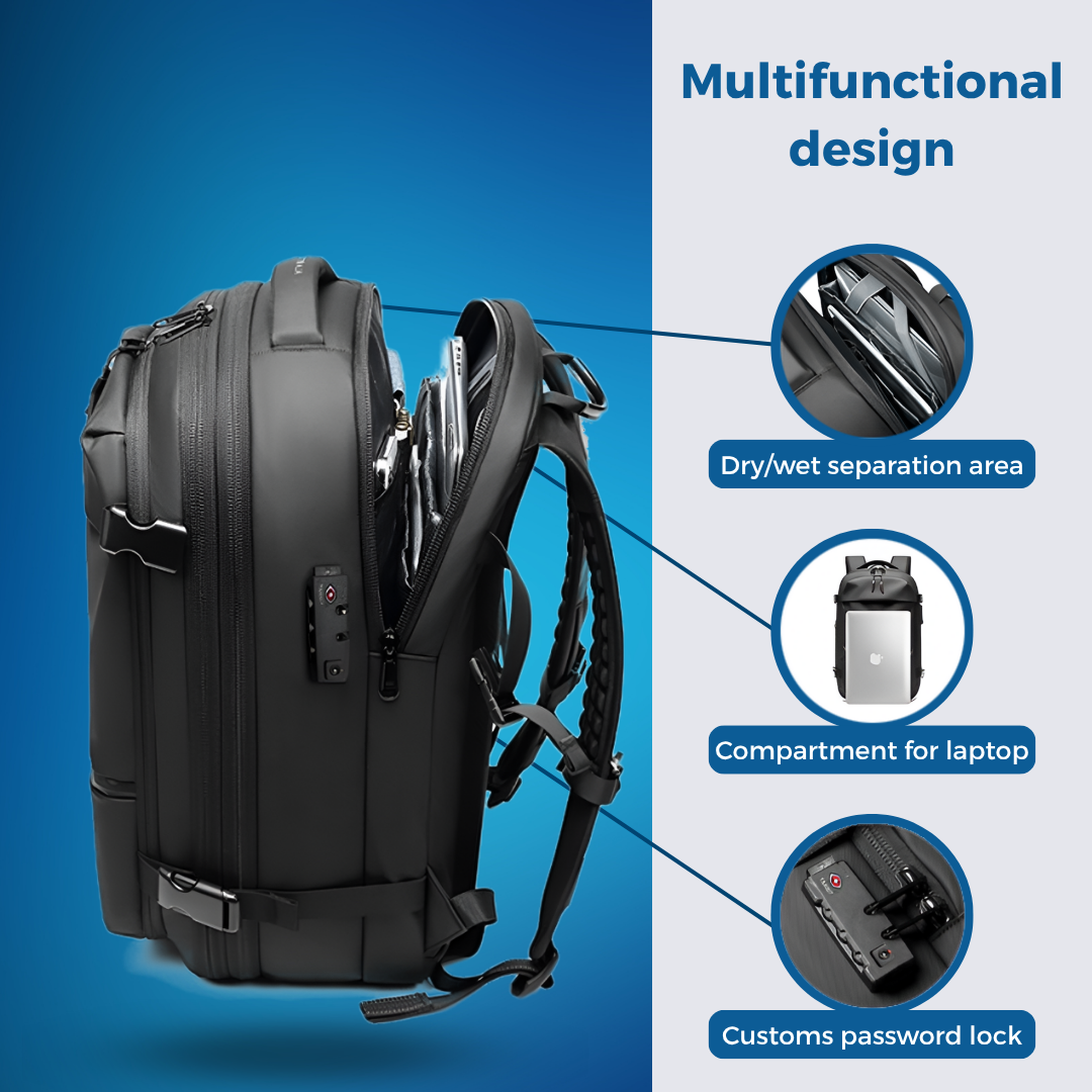Ein schwarzer multifunktionaler Rucksack mit Einsatzbereichen für Nass/Trocken, Laptop und einem Zahlenschloss.