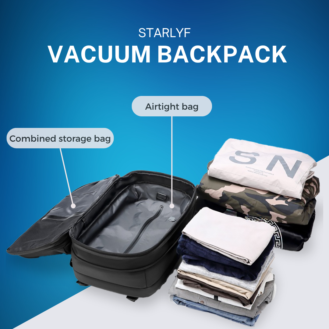 Starlyf Vakuum-Rucksack geöffnet, mit Aufbewahrungstasche und ordentlich gefalteten Kleiderstapeln daneben.