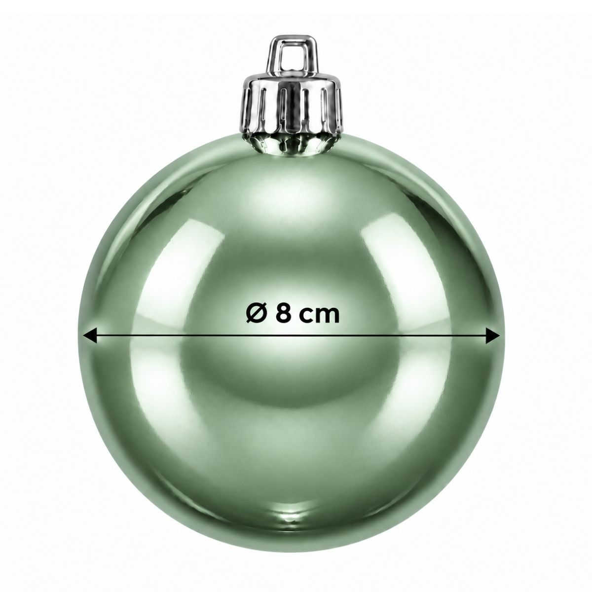 Boule de Noël vert sauge brillant d'un diamètre de 8 cm avec un capuchon argenté.