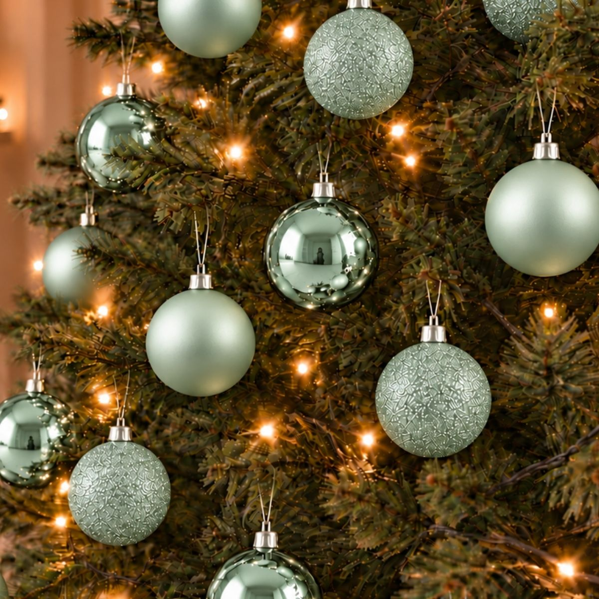 Des boules de Noël vertes sont suspendues à un sapin décoré.