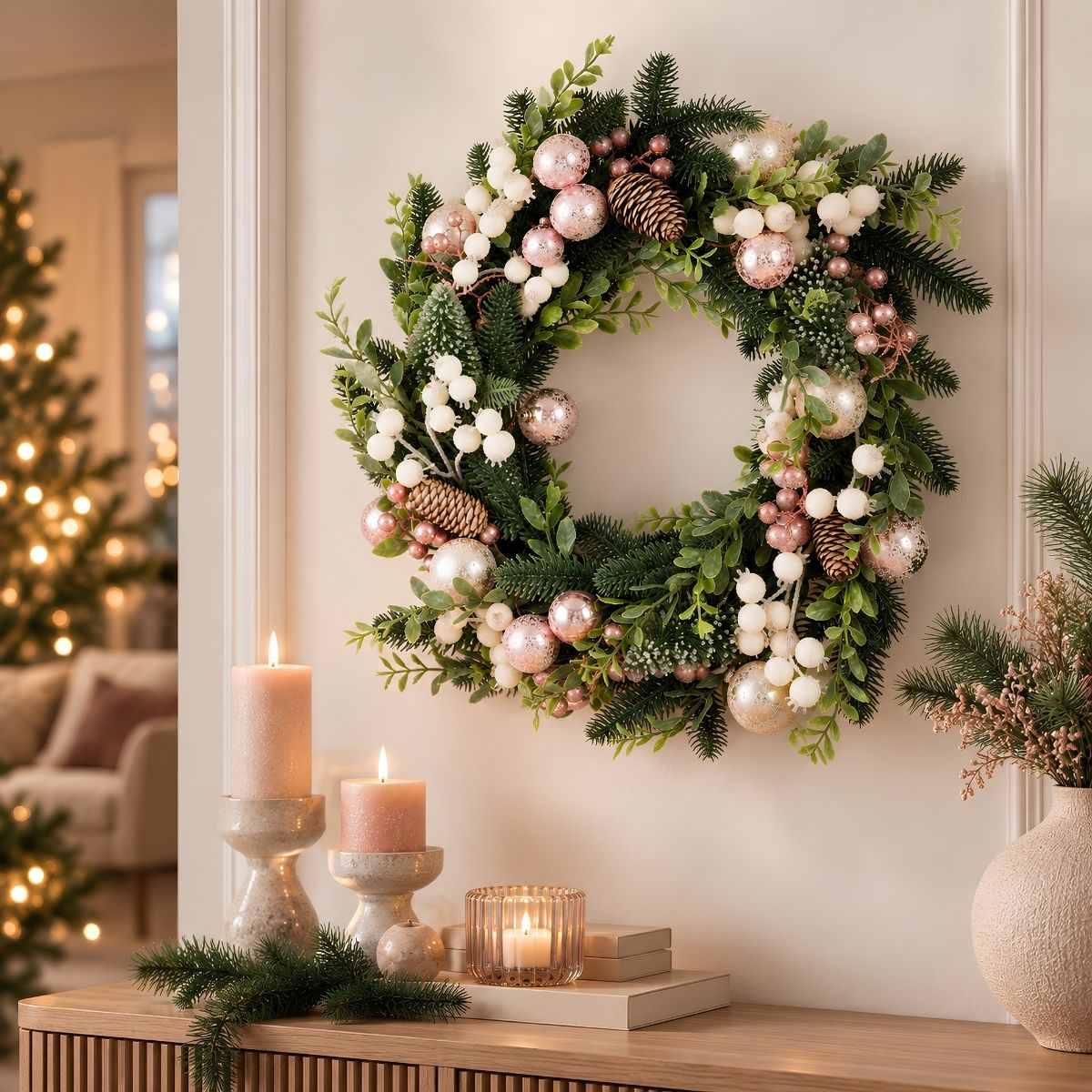 Une couronne de Noël avec du pin, des boules roses, des pommes de pin et des baies blanches accrochée au mur.