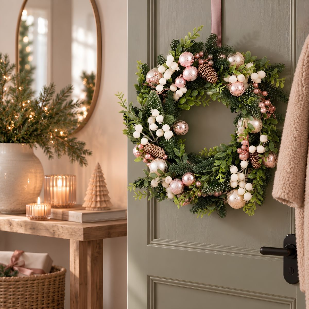 Une couronne de Noël verte festive avec des boules roses et des baies blanches est suspendue à une porte verte avec une table.