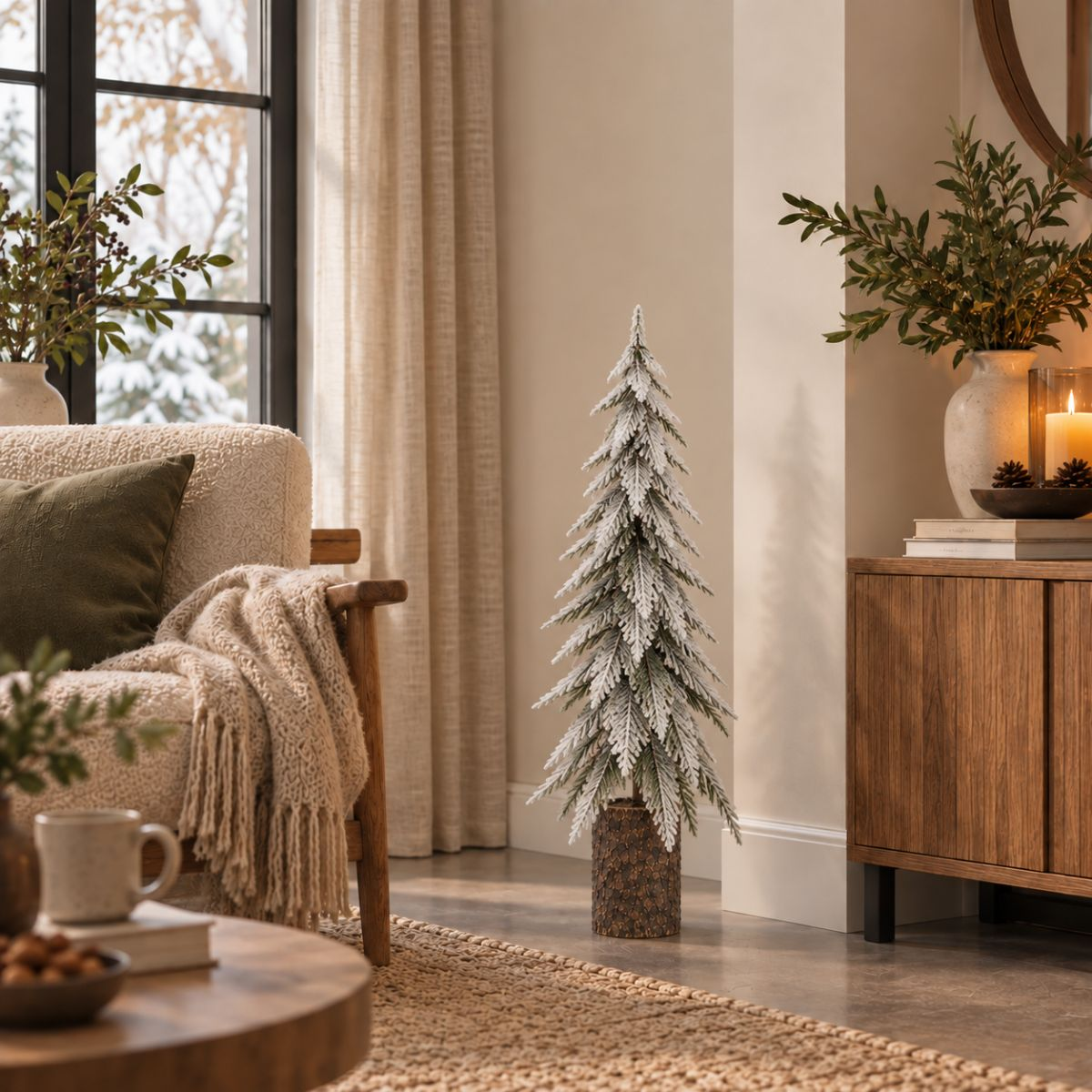 Un sapin artificiel givré se tient dans un salon chaleureux avec un fauteuil et un meuble en bois.