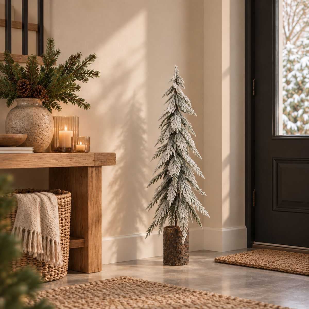 Un petit sapin de Noël enneigé dans un pot en bois se trouve dans un couloir lumineux.