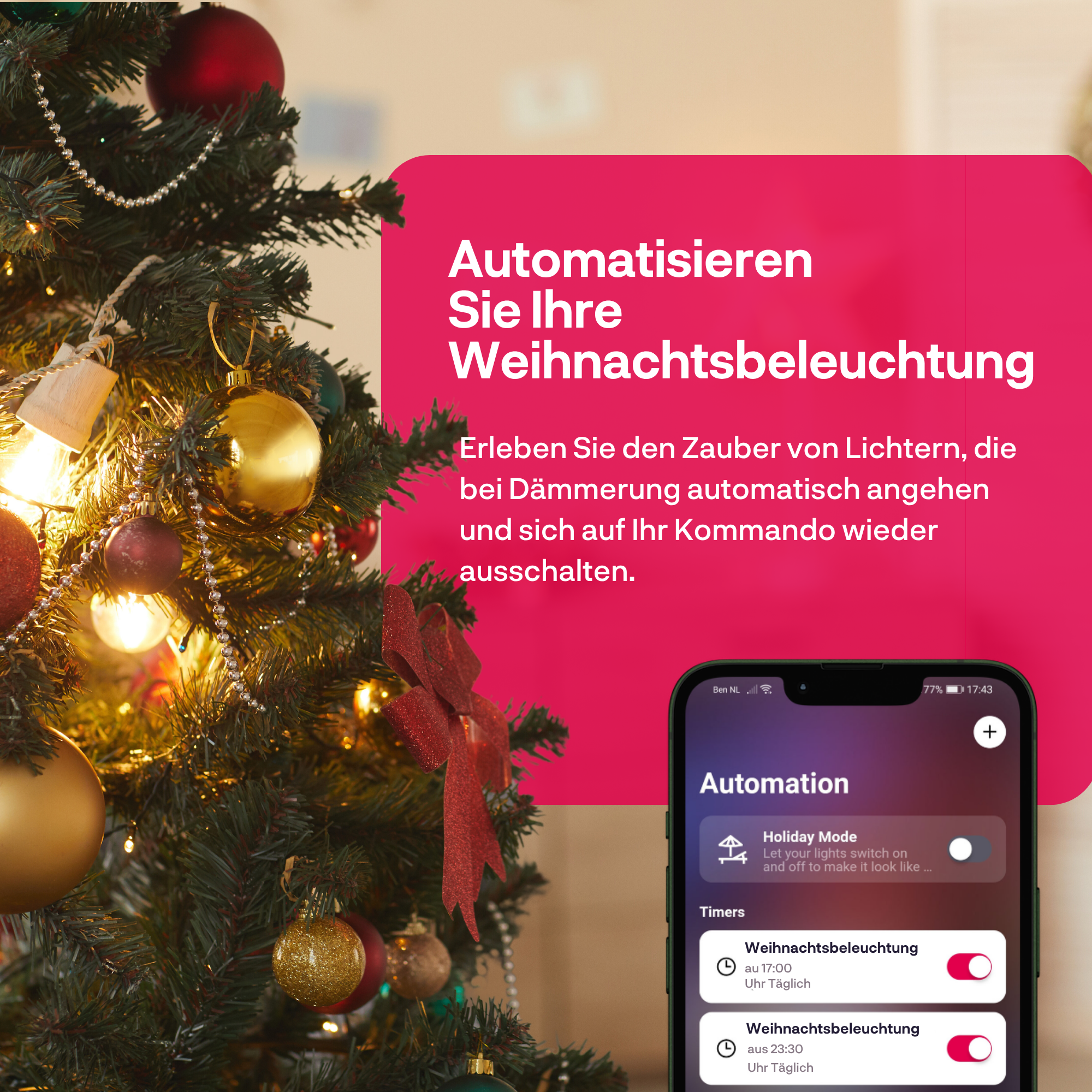 Kerstboom met gouden ballen en smartphone met automatiserings-app tegen een roze achtergrond.