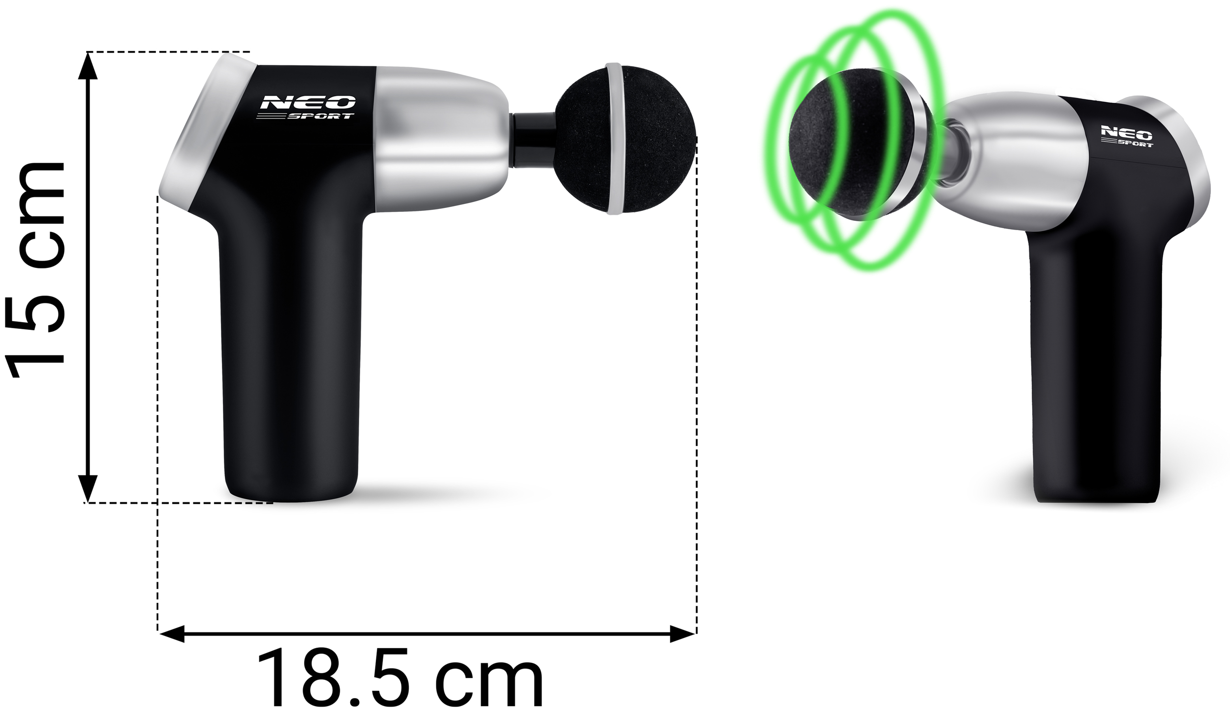 Czarno-srebrny pistolet do masażu o wysokości 15 cm i szerokości 18,5 cm.