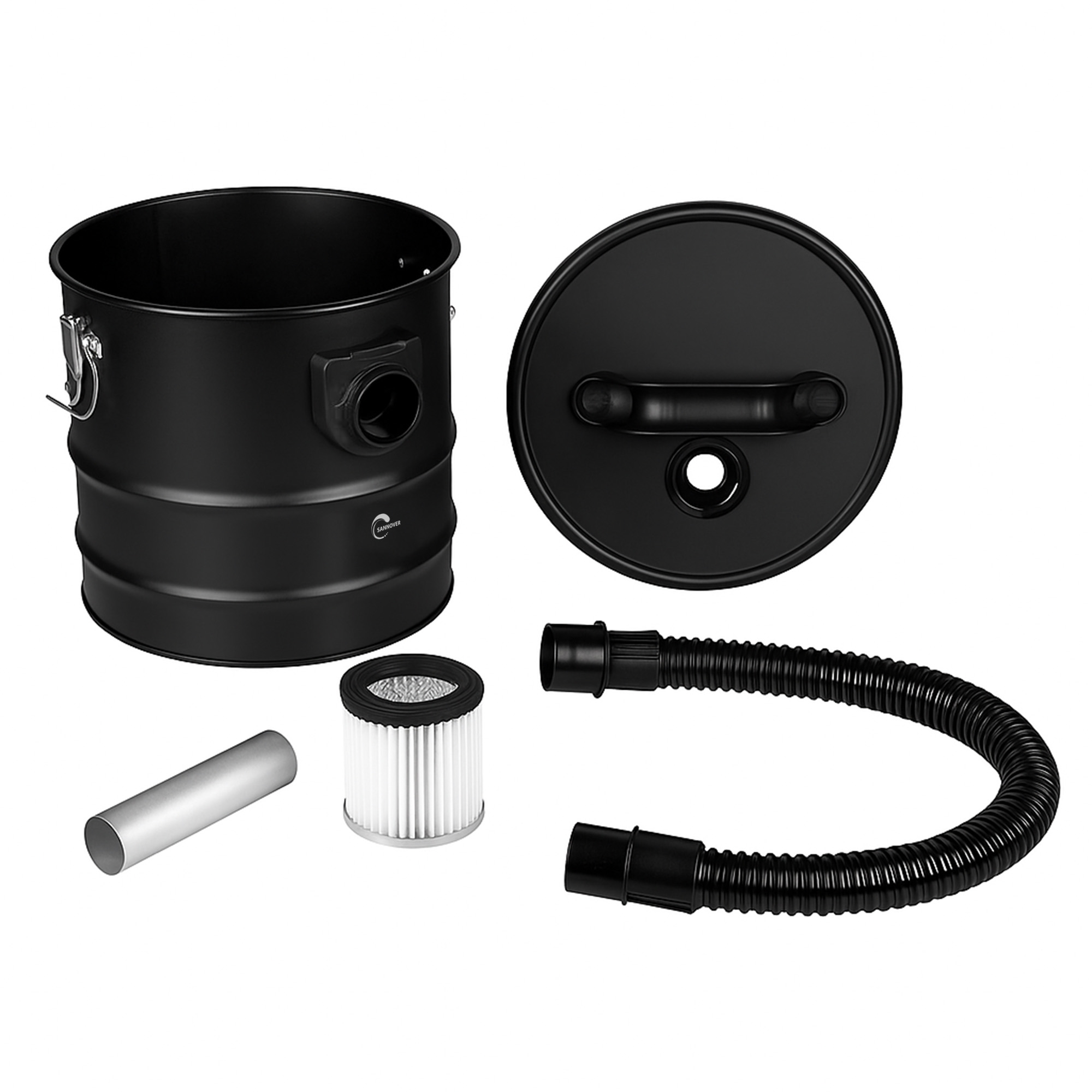 Un kit aspiracenere nero include un contenitore metallico, coperchio, filtro, tubo e un beccuccio.