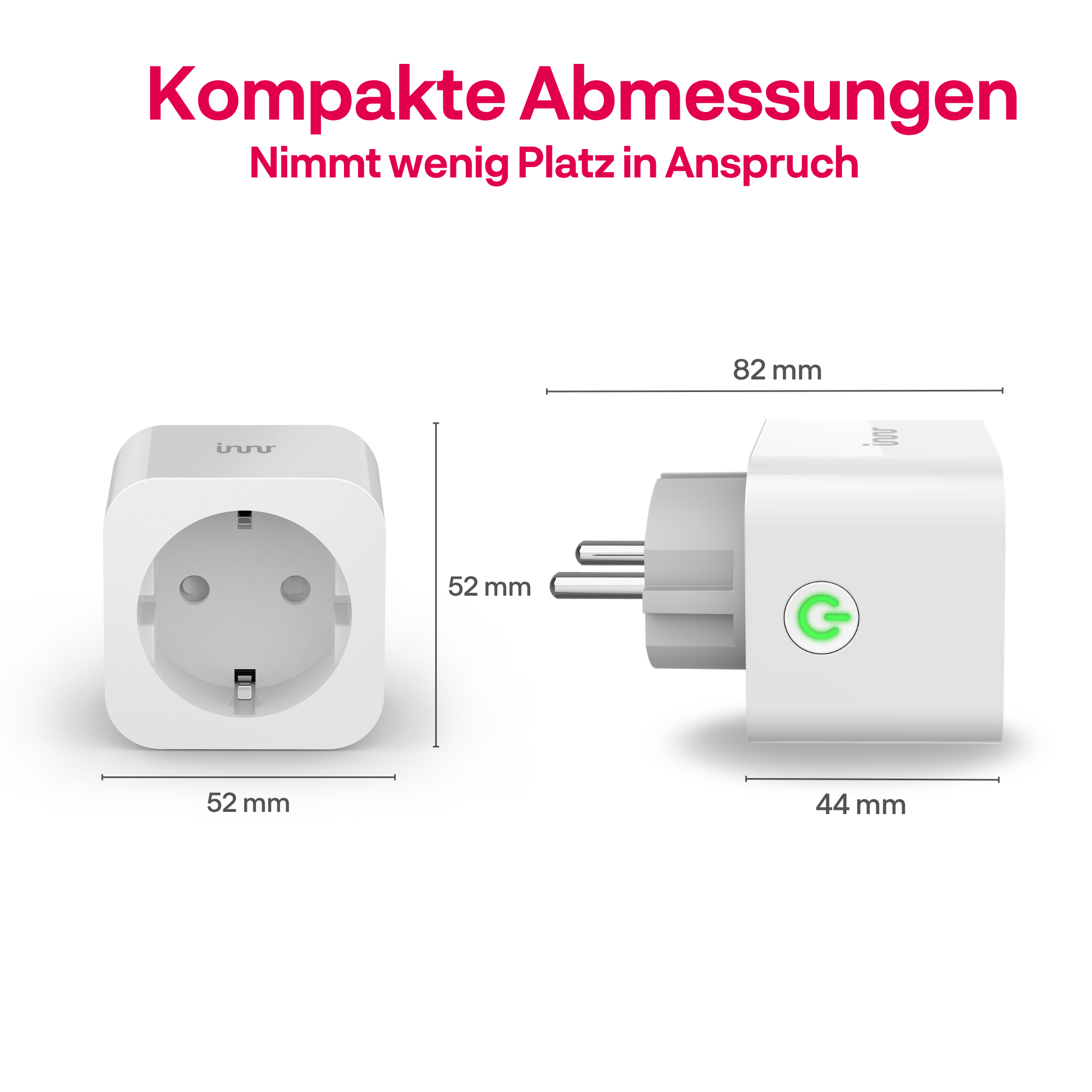 Diagram met compacte afmetingen van een witte smart plug, 52x52x44 mm en 82 mm lengte.