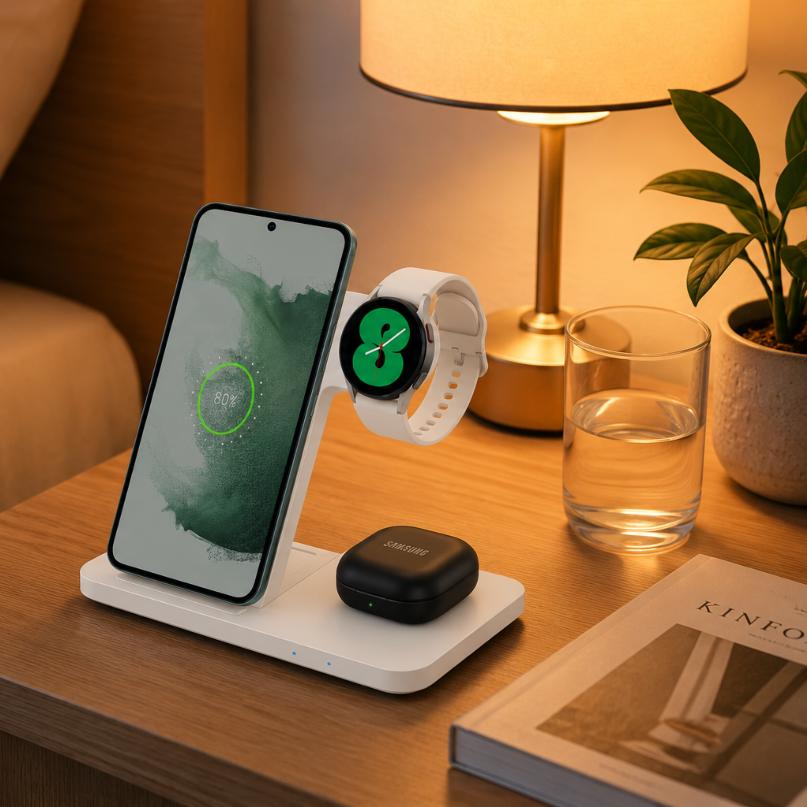 Eine weiße Ladestation lädt ein Smartphone, eine Smartwatch und Kopfhörer auf einem Nachttisch.