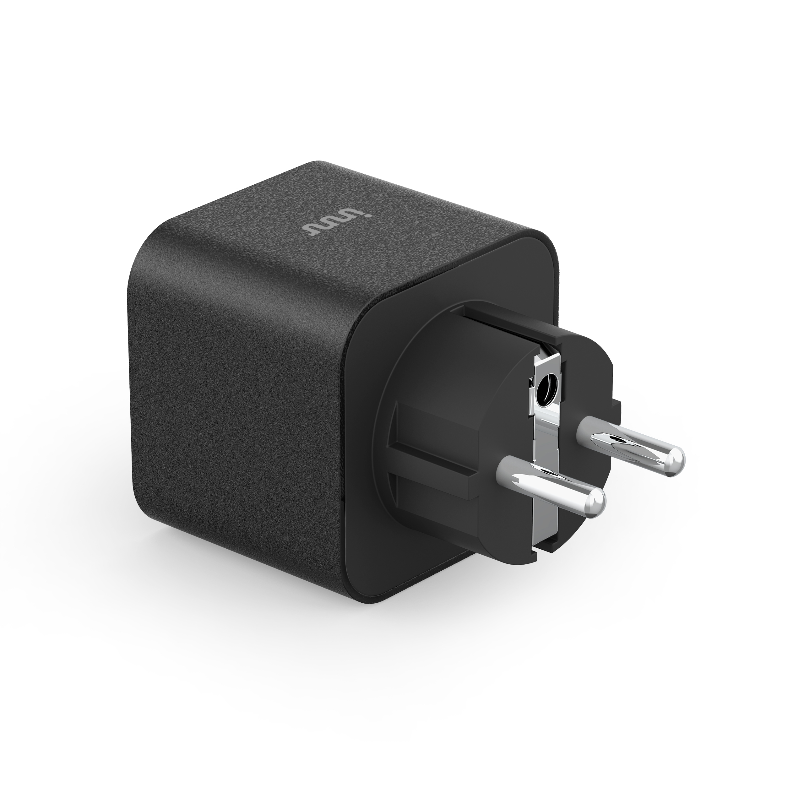 Een compacte zwarte USB-wandoplader met een Europese stekker op een wit oppervlak.