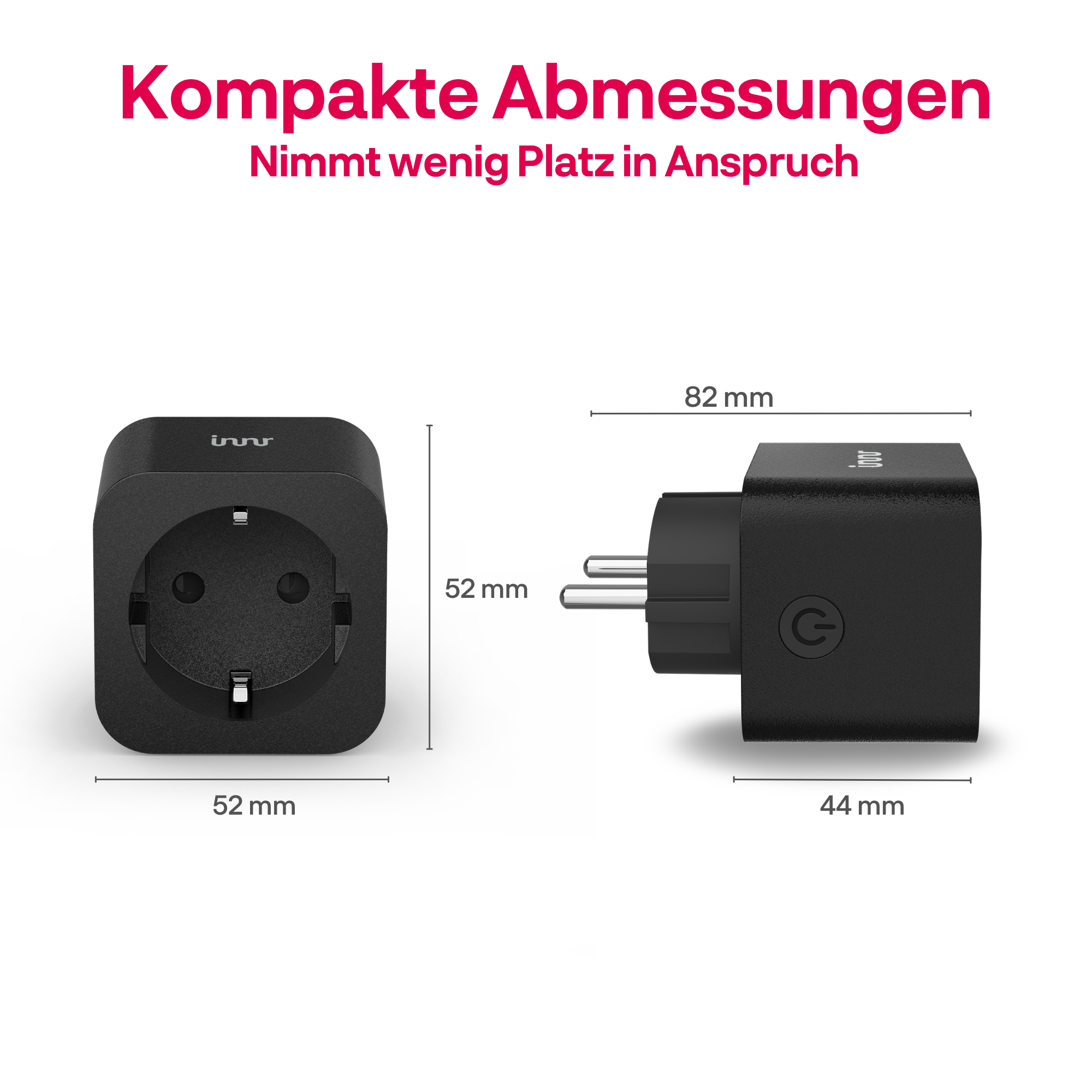 Diagram toont compacte afmetingen van een zwarte stekker: 52x52mm voor, 82x44mm zijkant.