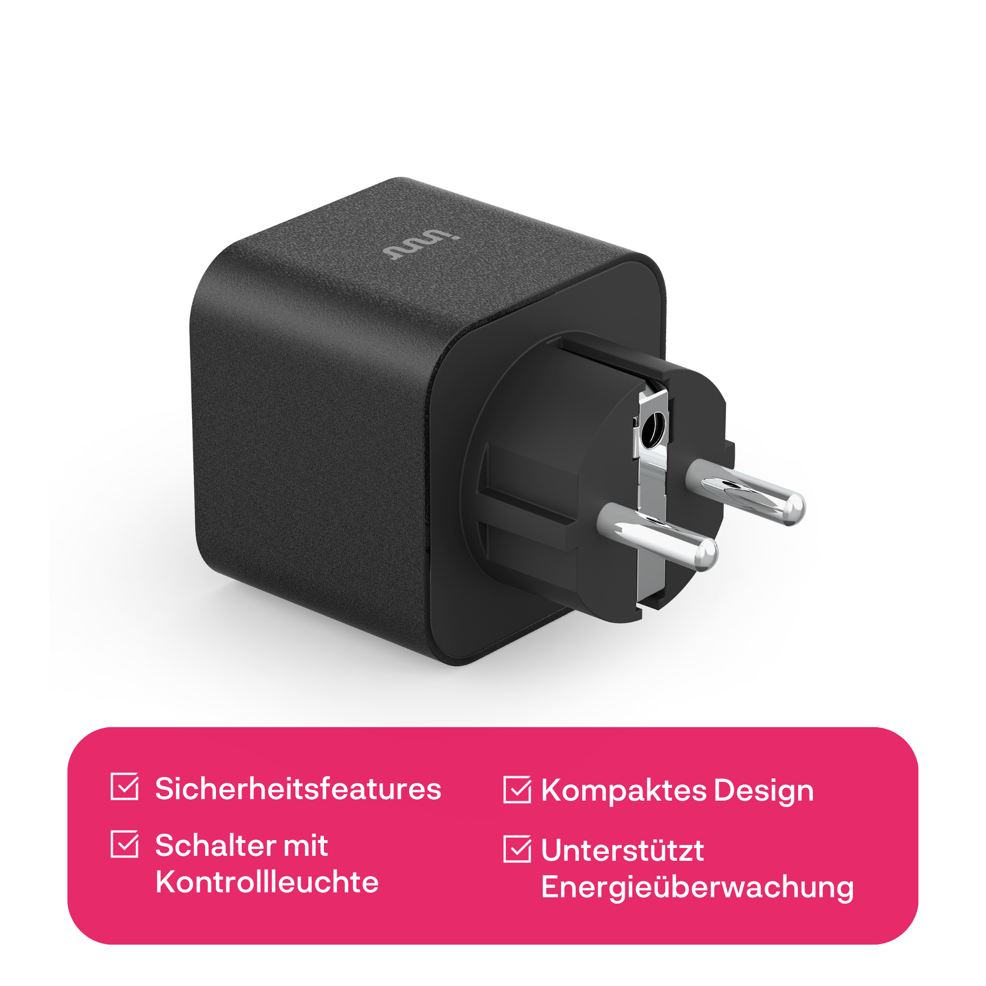 Zwarte smart plug met EU-pinnen en een roze infovak onderaan.