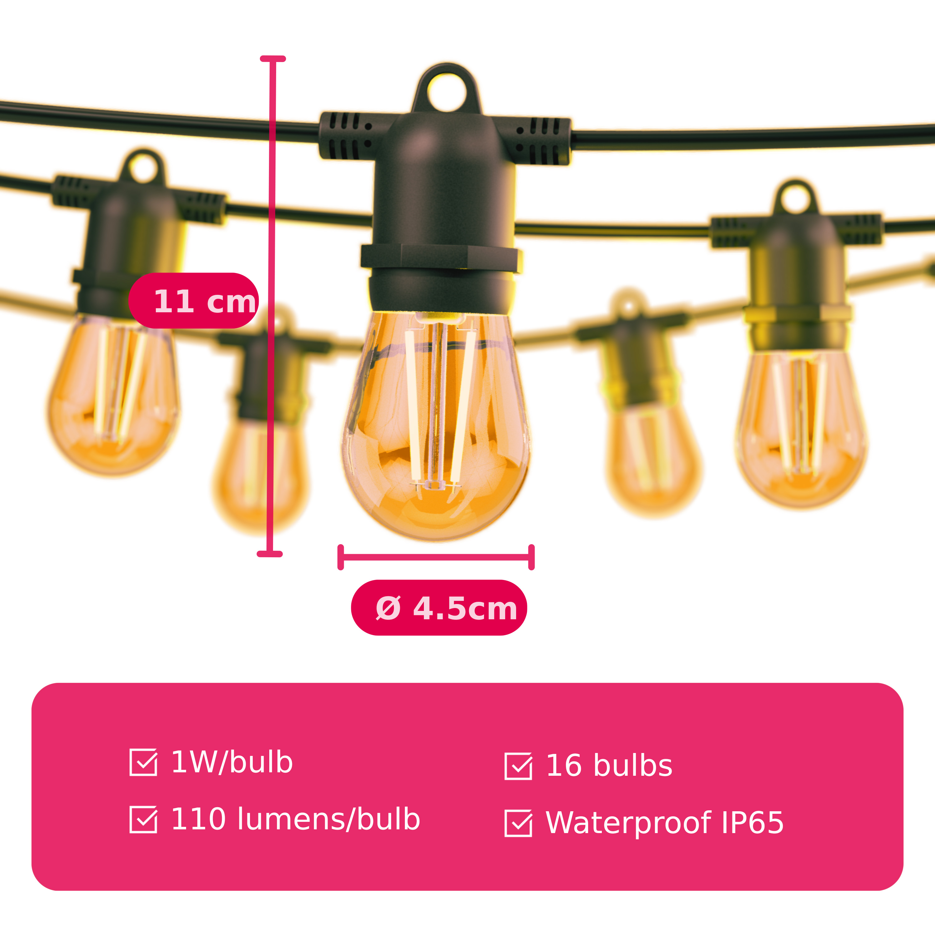 Catena luminosa con lampadine Edison, altezza 11cm, diametro 4.5cm, 1W, 110lm, 16 lampadine, impermeabile IP65.