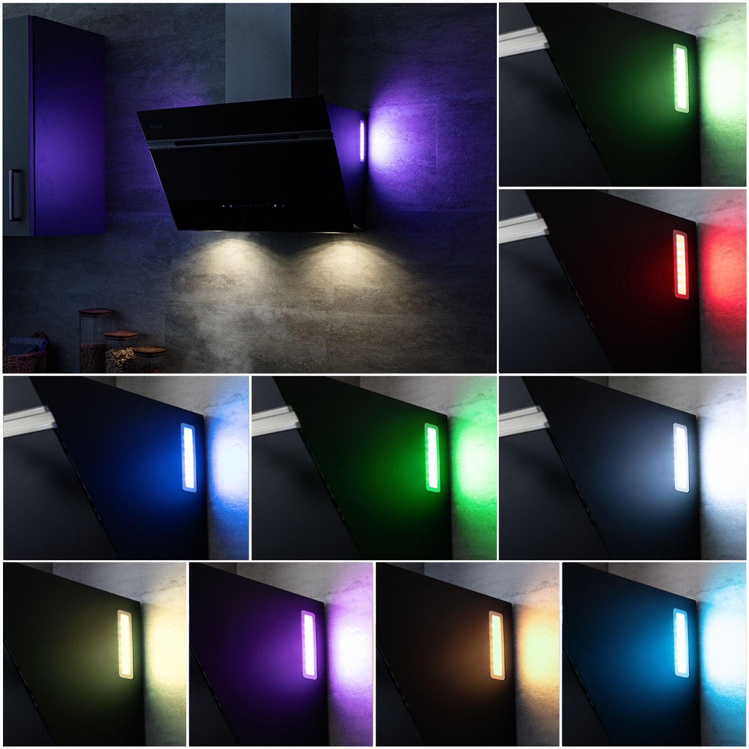 Moderna cappa aspirante nera con illuminazione ambientale a LED personalizzabile in vari colori.