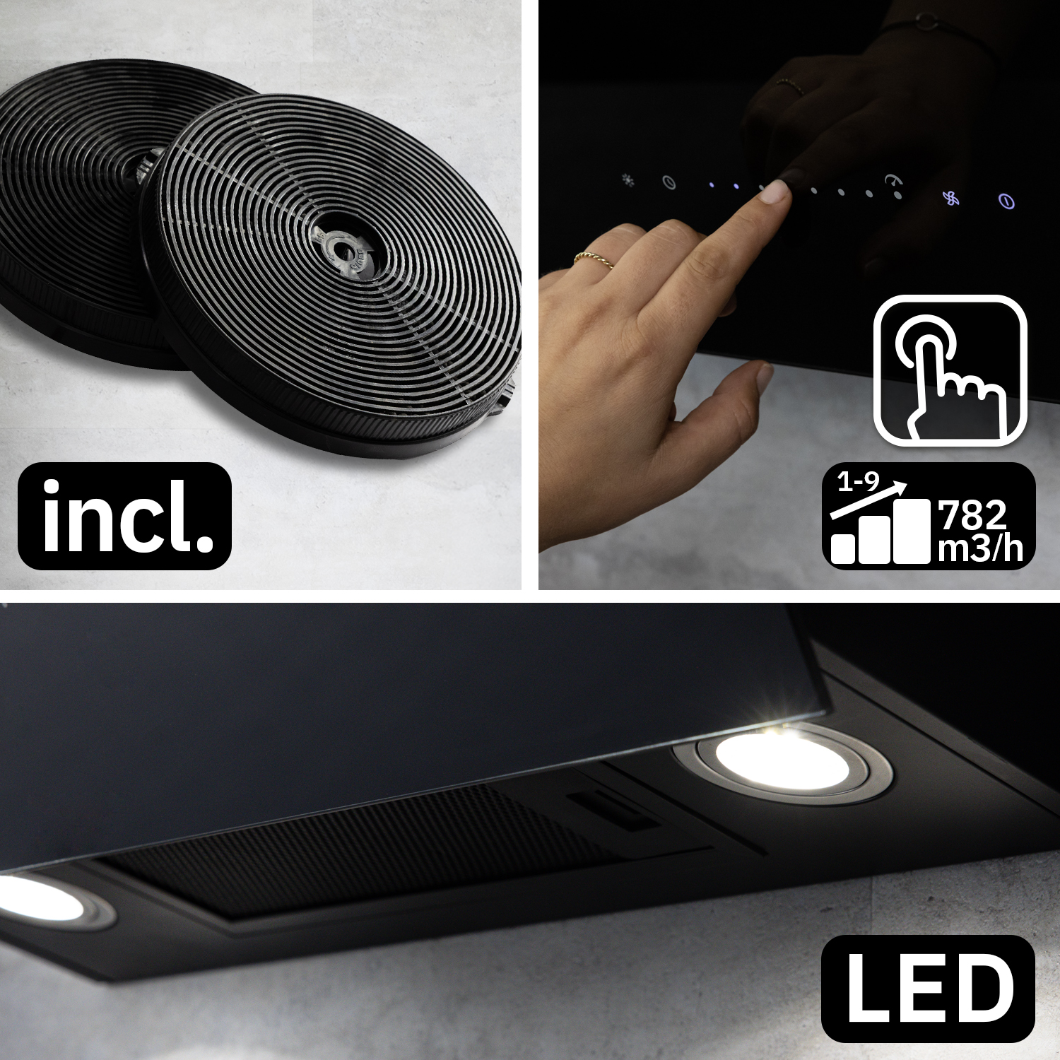 Tre immagini mostrano due filtri a carbone, comandi touch e illuminazione LED di una cappa.
