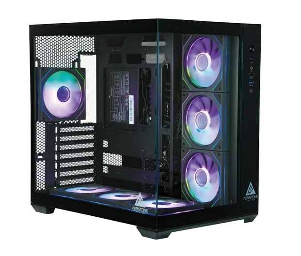 Beyaz arkaplanda, birden fazla renkli RGB fana ve görünür iç mekana sahip siyah cam PC kasası.
