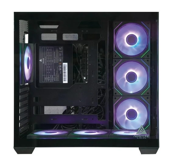 Ön, alt ve yan tarafta birden fazla RGB aydınlatmalı soğutma fanı bulunan siyah bir PC kasasının içi.
