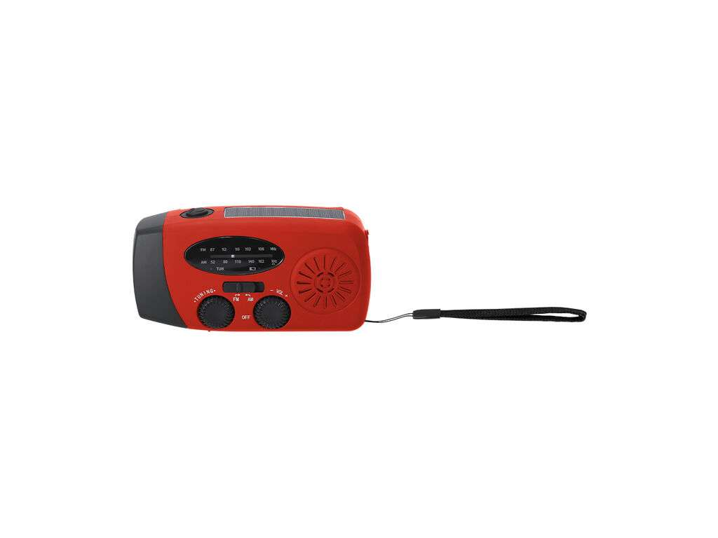 Una radio de emergencia roja y gris oscura con correa negra sobre un fondo blanco.