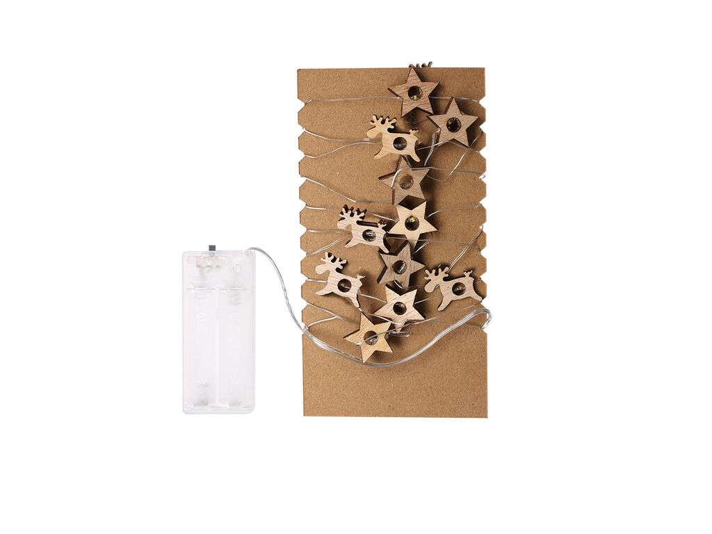 Luces navideñas de madera con forma de estrella y reno enrolladas en cartón con caja de pilas transparente.