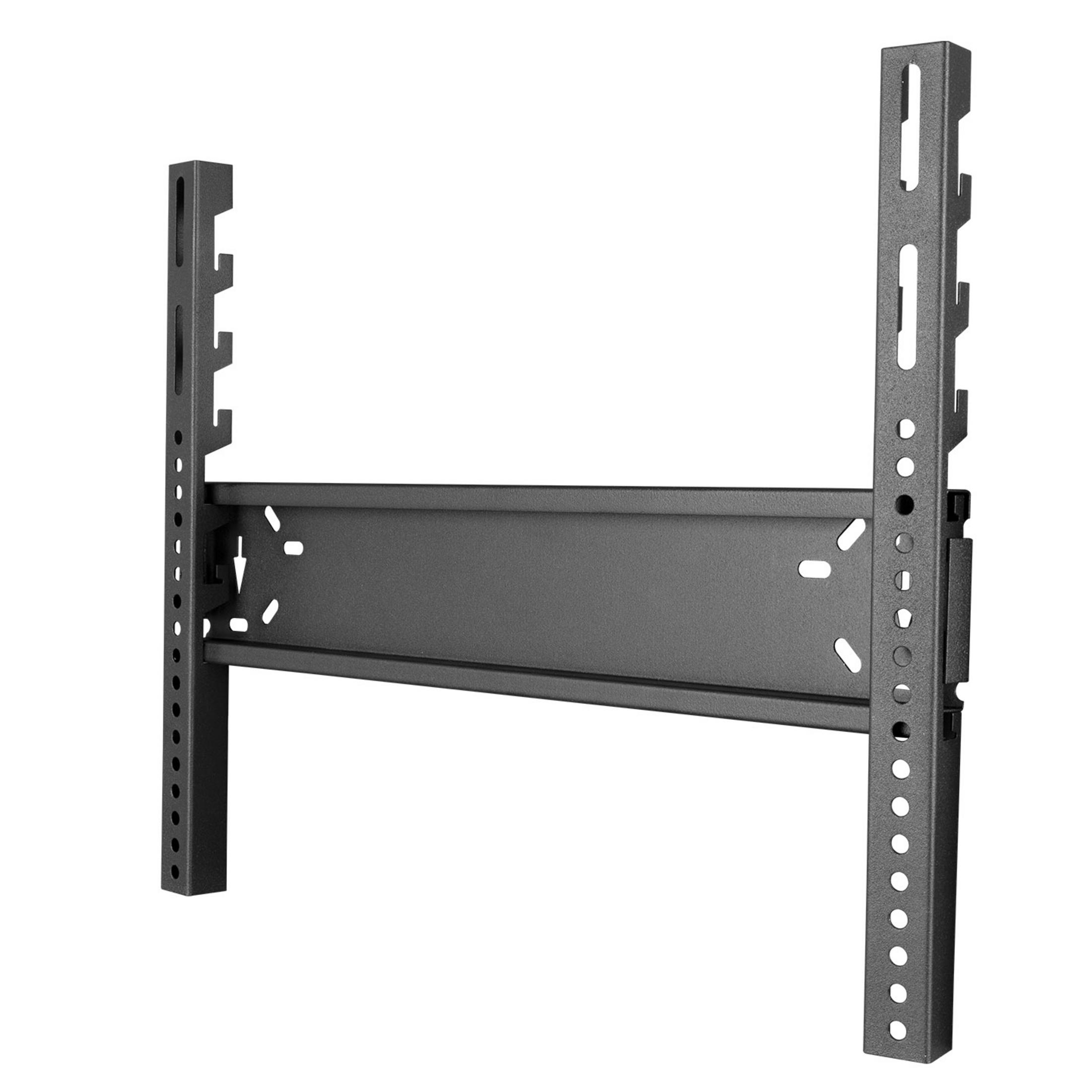 İki dikey raylı siyah metal TV duvar montaj aparatı.