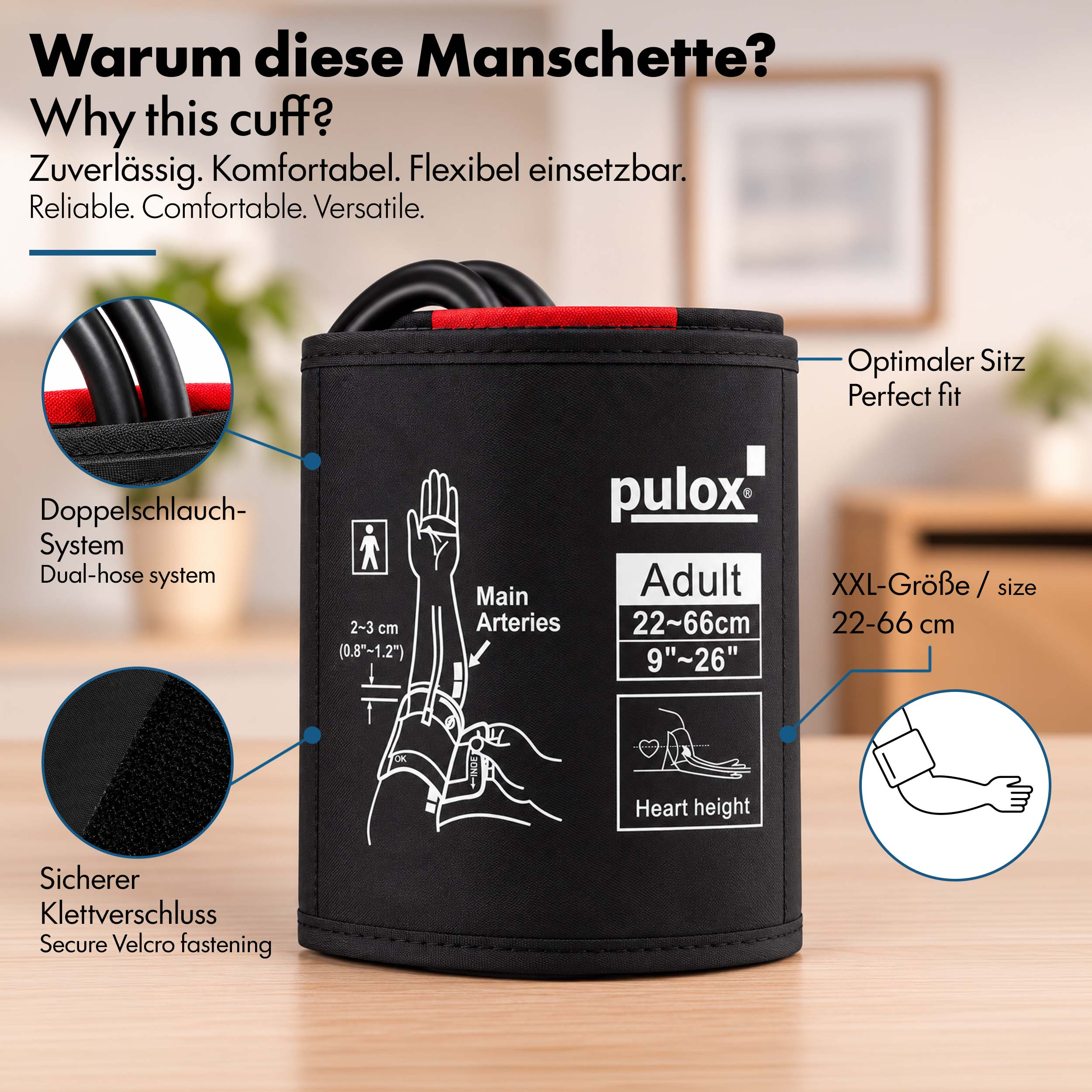 Eine schwarze Pulox Blutdruckmanschette mit Funktionsdiagrammen, Doppelschlauch und Klettverschluss.