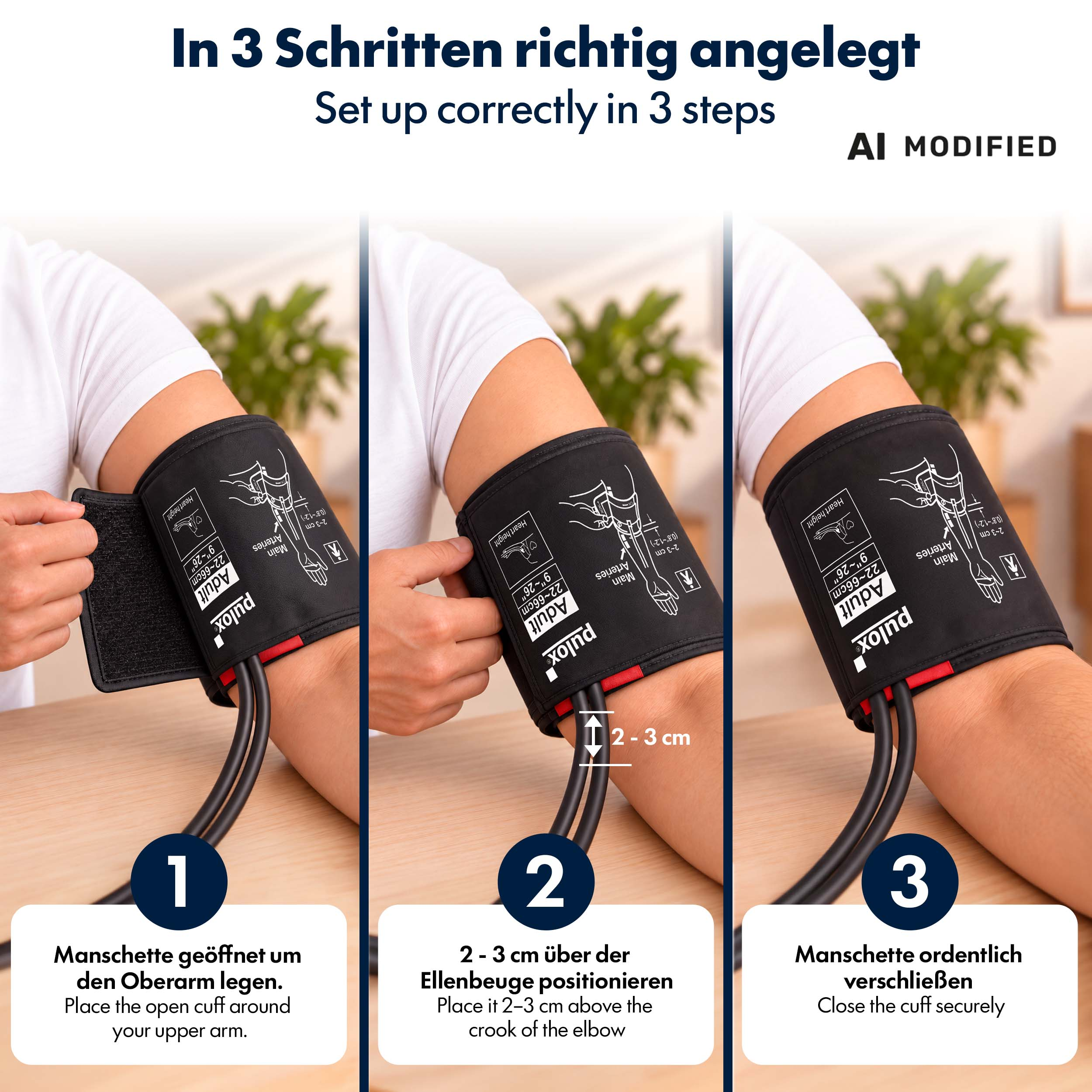 Drei Schritte zur richtigen Anbringung einer Blutdruckmanschette am Oberarm.