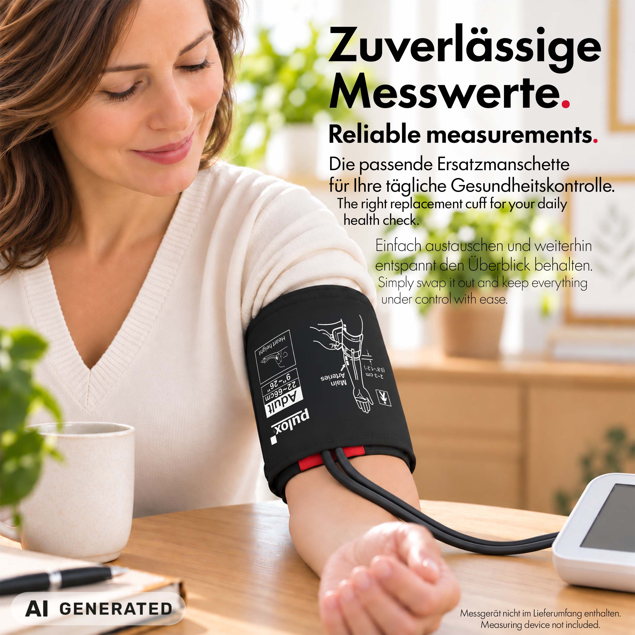 Eine Frau trägt eine Blutdruckmanschette am Arm, im Hintergrund ein Holzschreibtisch und Pflanzen.