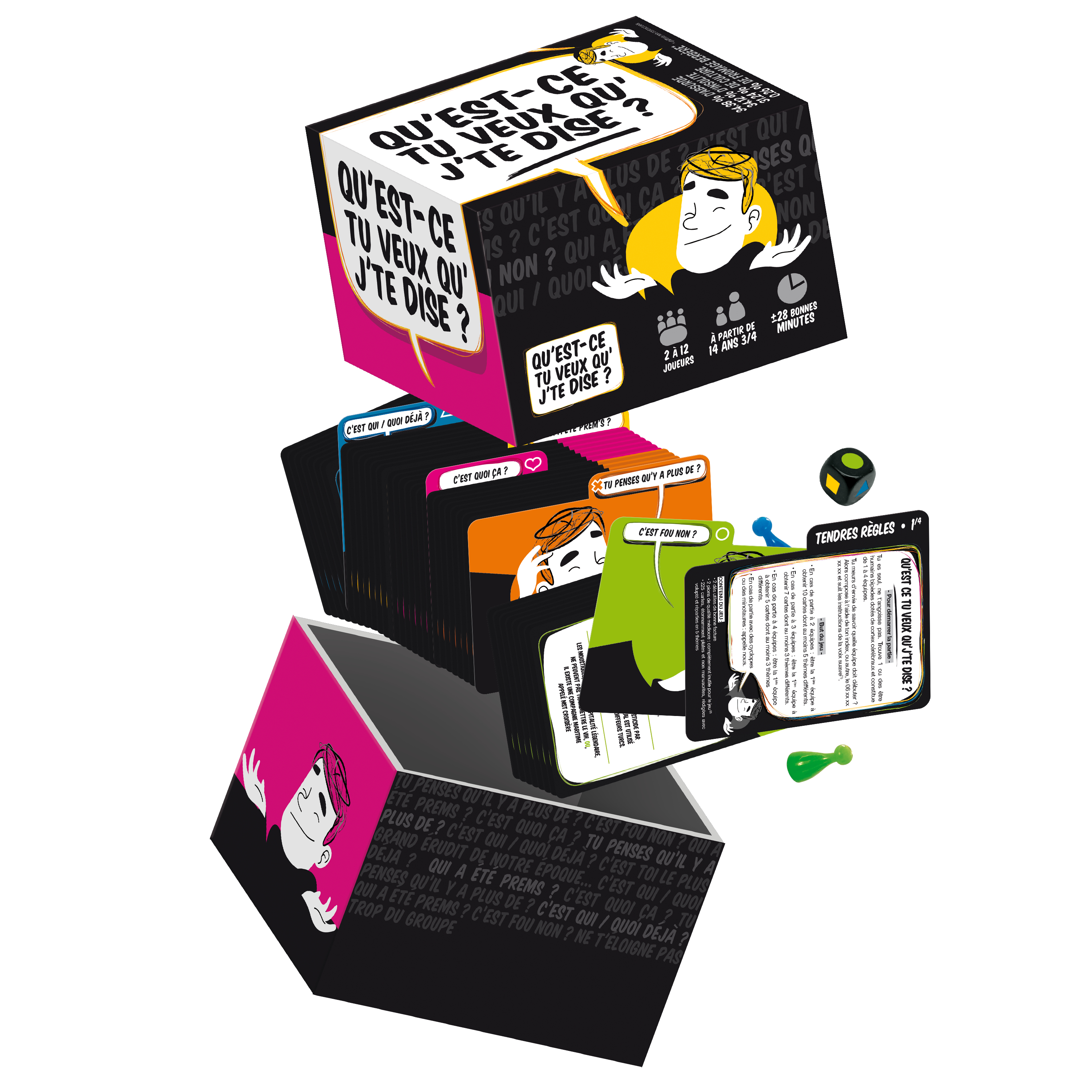 Ein französisches Brettspiel namens Qu'est-ce tu veux qu'j'te dise mit Box, bunten Karten, Würfel und Spielfigur.