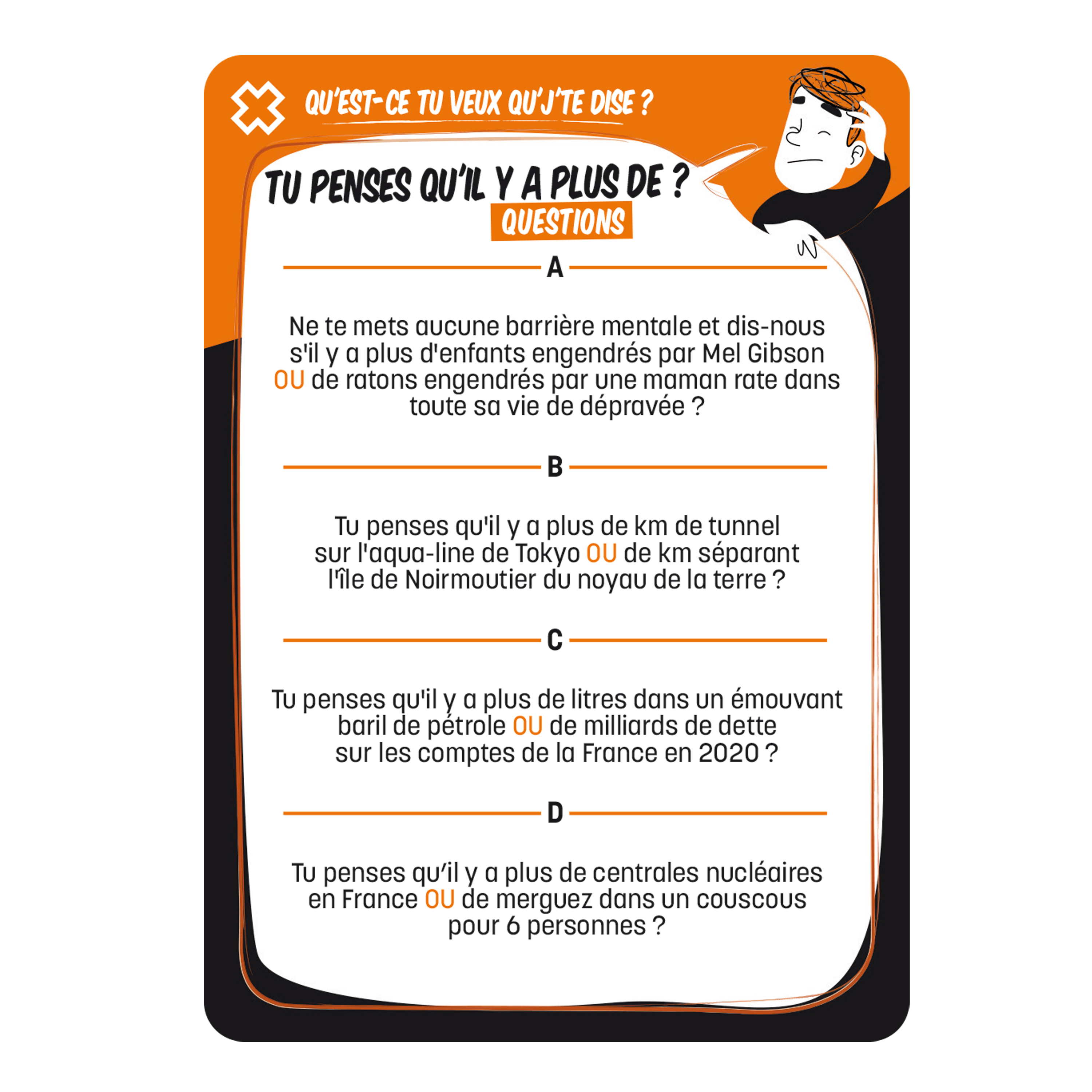 Quizkarte auf Orange und Schwarz mit humorvollen Fragen auf Französisch.
